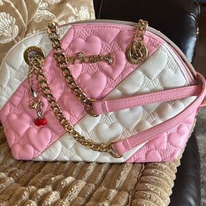 Betsey Johnson Pink and White Heart Quilted Shoulder Bag